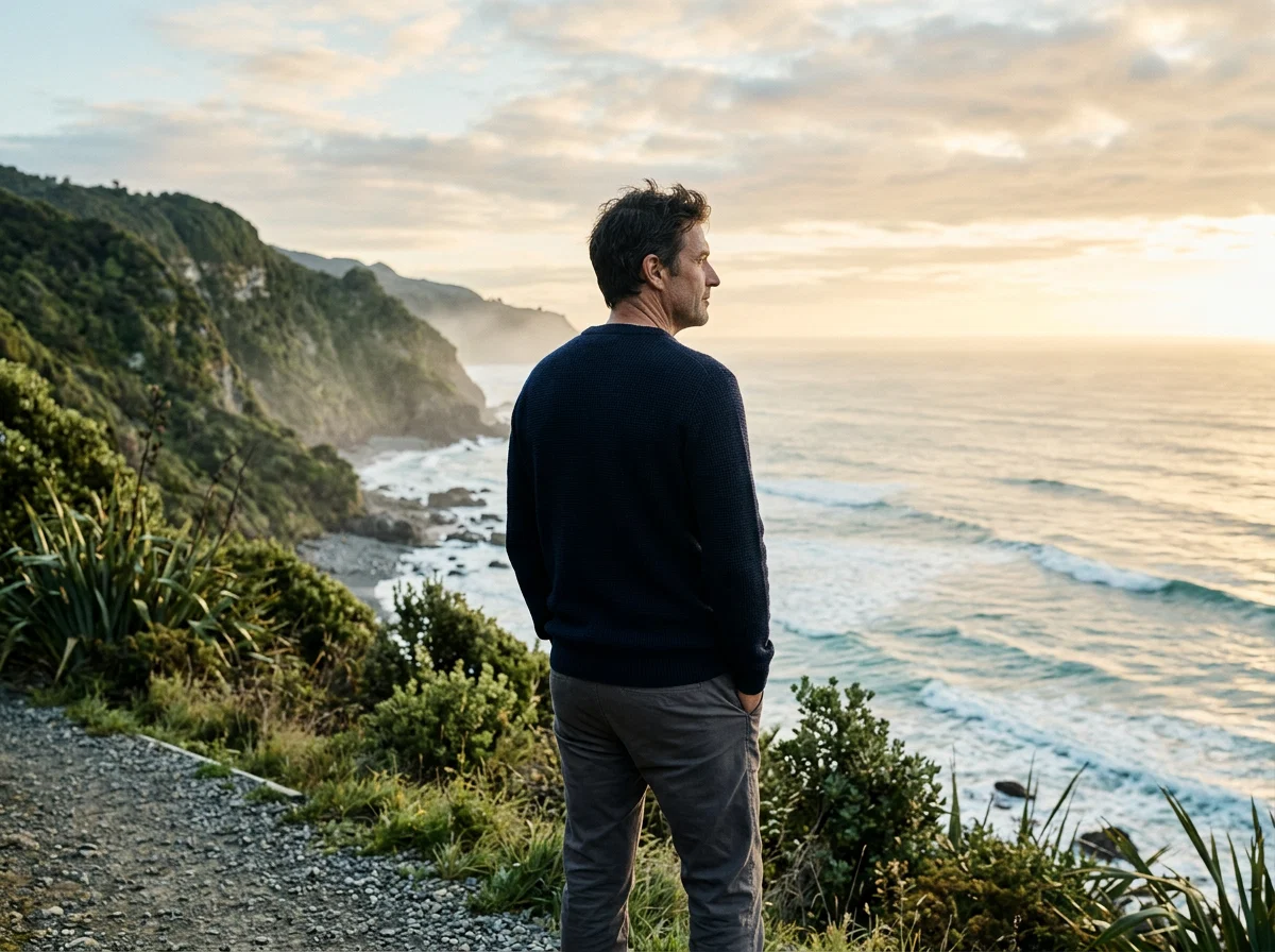 Active man over 50 on New Zealand coastal trail - men over 50 daily health routine NZ