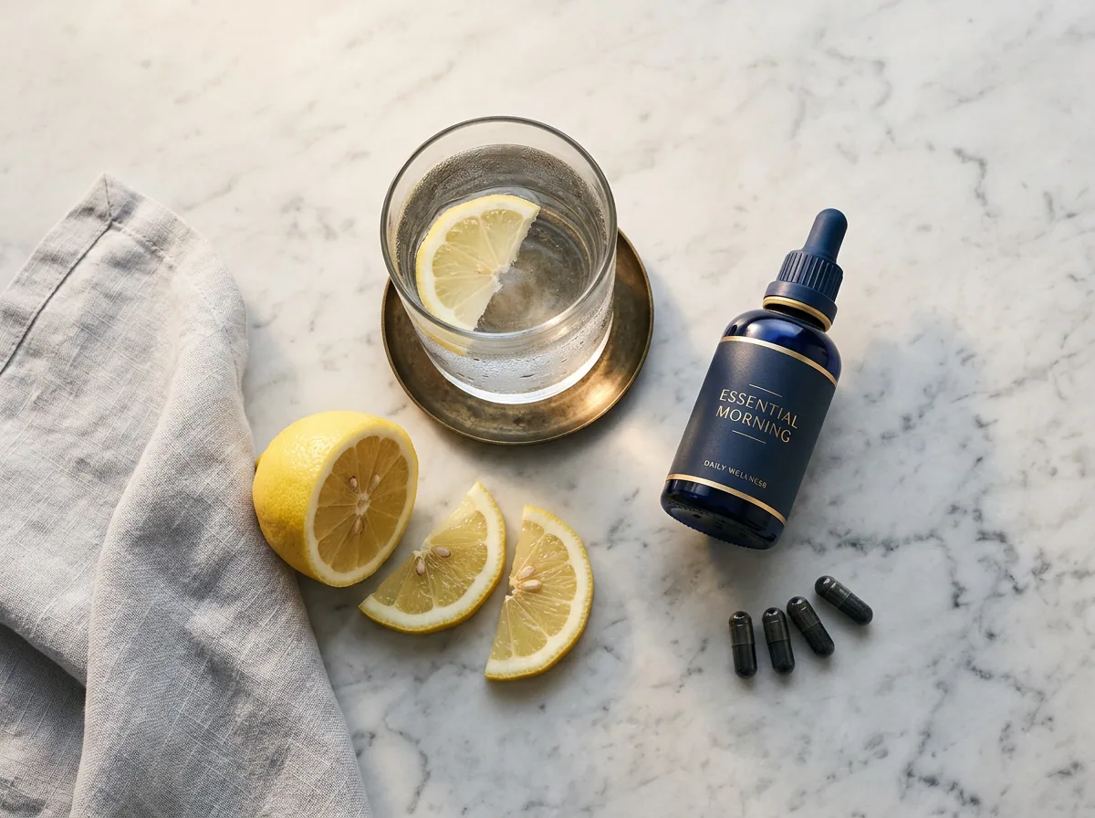 Morning wellness flat lay with Hardero supplement bottle and glass of water
